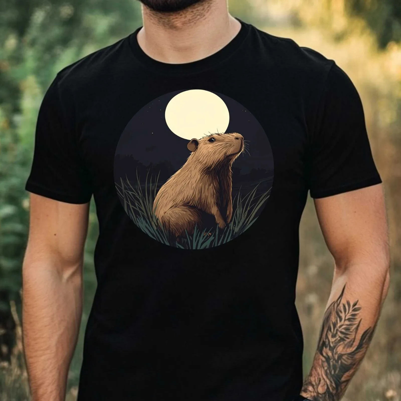 Mens Capybara Moonlight Motif Cotton T-Shirt Size XS to 5XL
