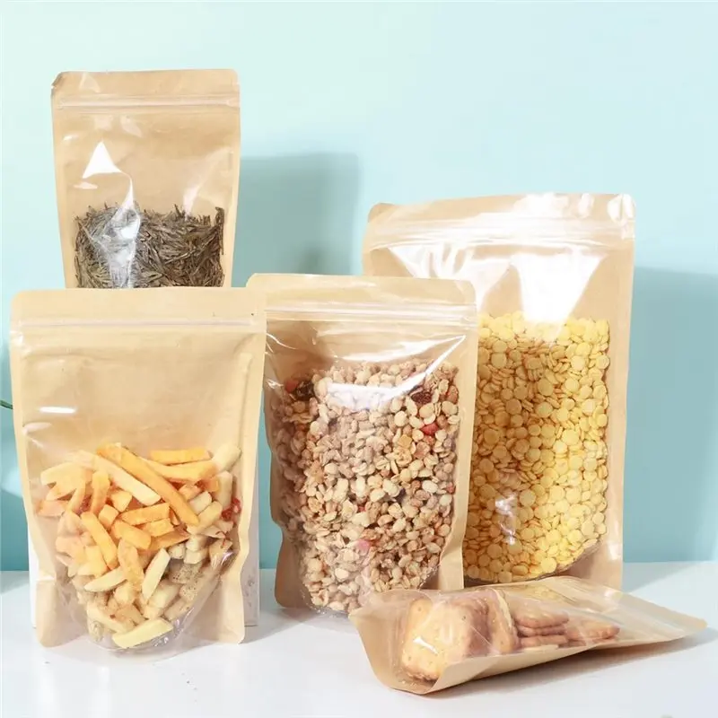 A84E-Stand Up 3 Size Resealable Kraft Paper Bags 150 Pcs With Clear Fornt Front Pouches, Food Storage