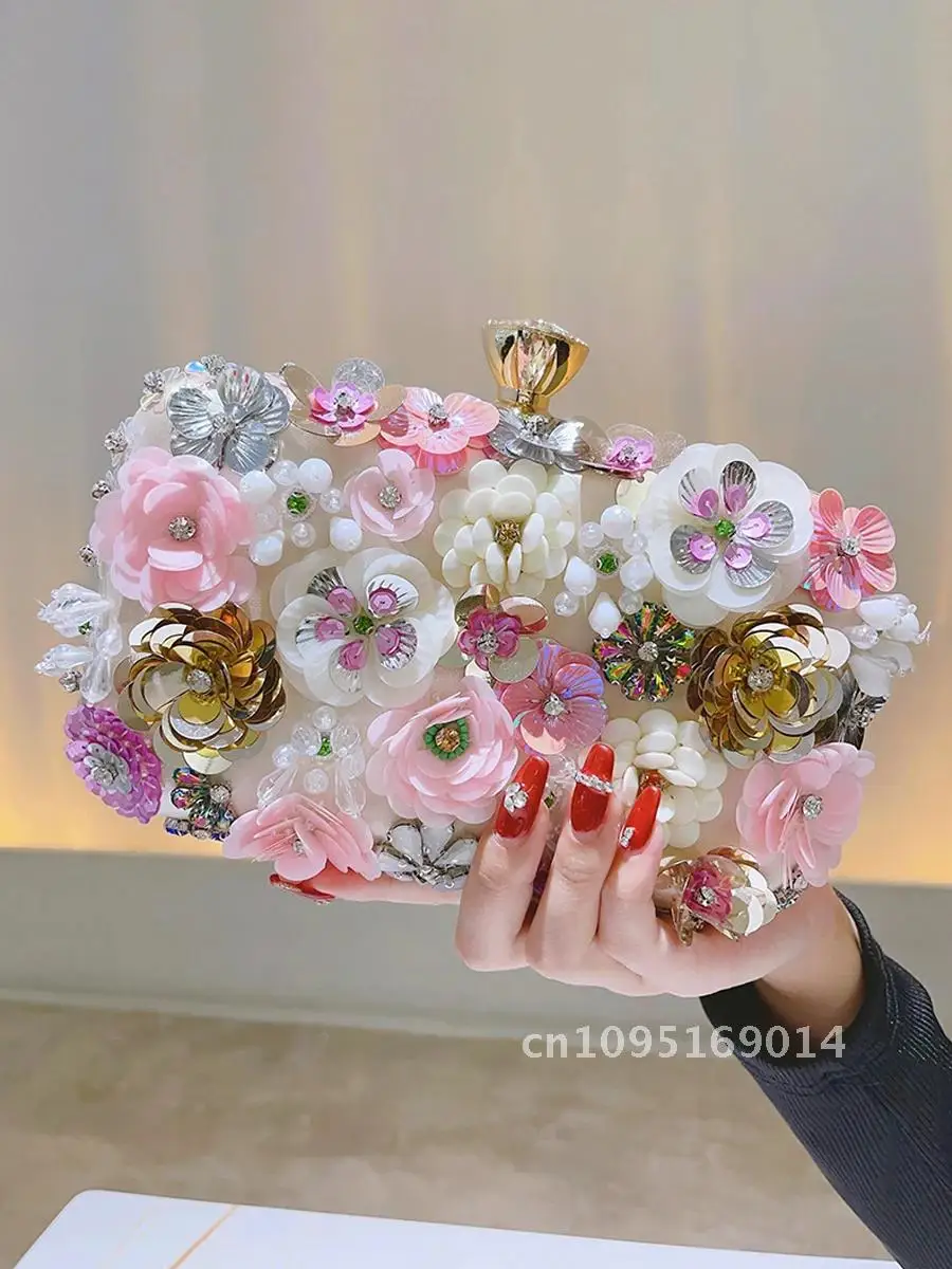 

3D Beaded Flower Evening Bag, Elegant Box Women's Wedding Prom For Handbags Clutch Party Purse,