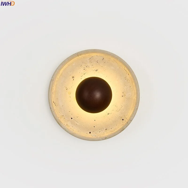 

IWHD Japan Vintage LED Wall Light Fixtures Wood Yellow Travertine Mirror Living Room Decoration Bedroom Lamps Applique Murale
