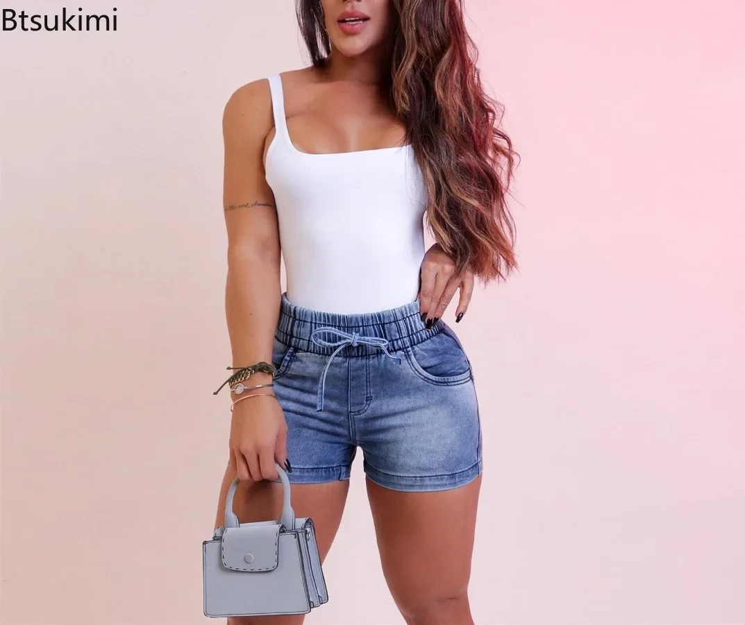 2024 Zomer Vrouwen Jeans Sexy Elastische Hoge Taille Trekkoord Bodycon Denim Shorts Mode Effen Rekbare Rechte Casual Hot Pants