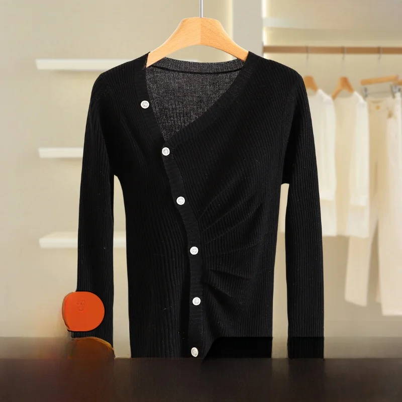 

Slim Fit V-Ne Knitted Open Cardigan Thin Design Sense Side Bule Women's Sweater Long Sve Color Autumn Faion