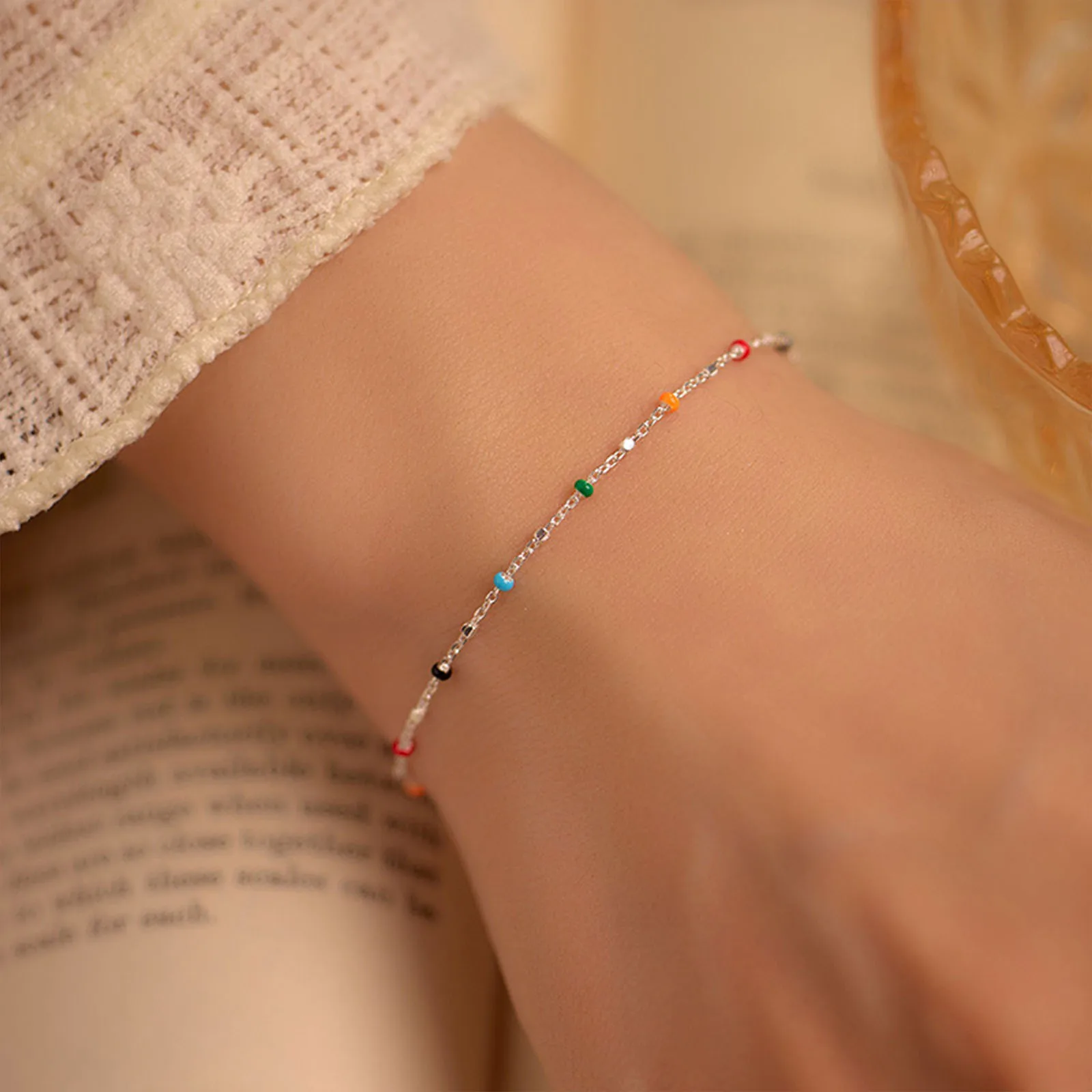 

S925 Silver Dopaamine Colored Bean Bracelet Women's Popular INS Summer Niche Thin Fashion Jewelry Trendy Accessory