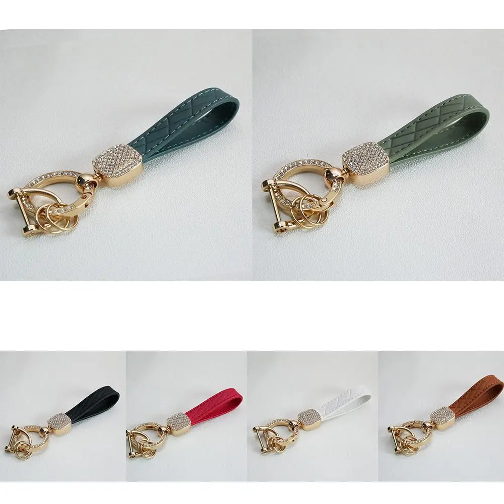 New PU Leather Car Key Chain Plaid Shiny Crystal Pendant Key Ring Durable Bag Charm Pendant for Car Bag Accessory Gift Keyring