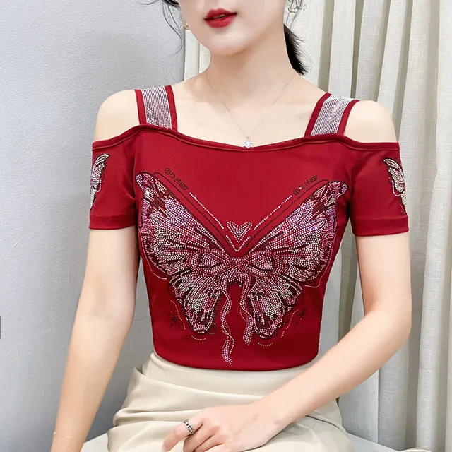 2026 Sexy Off Shoulder T-Shirt For Women Clothes Luxury Flower Diamonds Short Sleeve Tees Summer Fashion Female Mesh Top Shirts