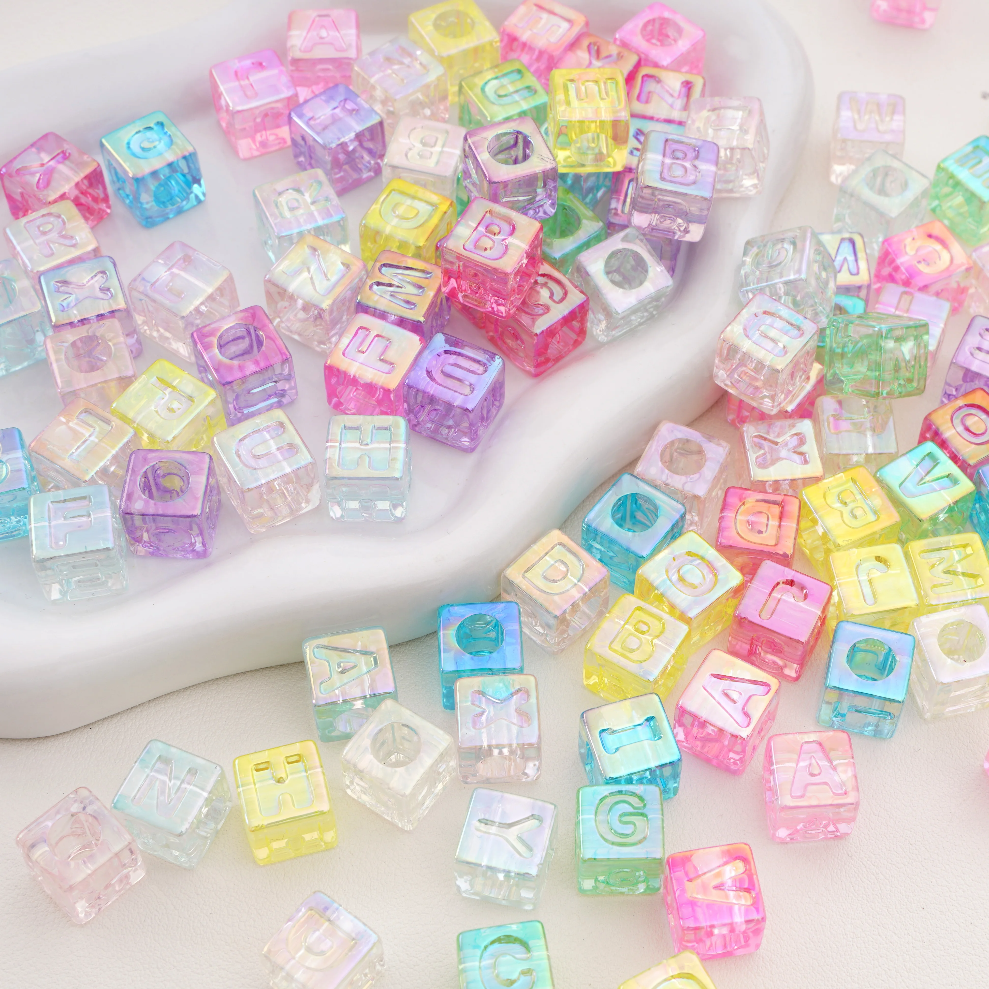 13mm Acrylic Colorful UV Electroplating Random letter Square Loose Beads For Jewelry Making Bracelet Craft Supplies