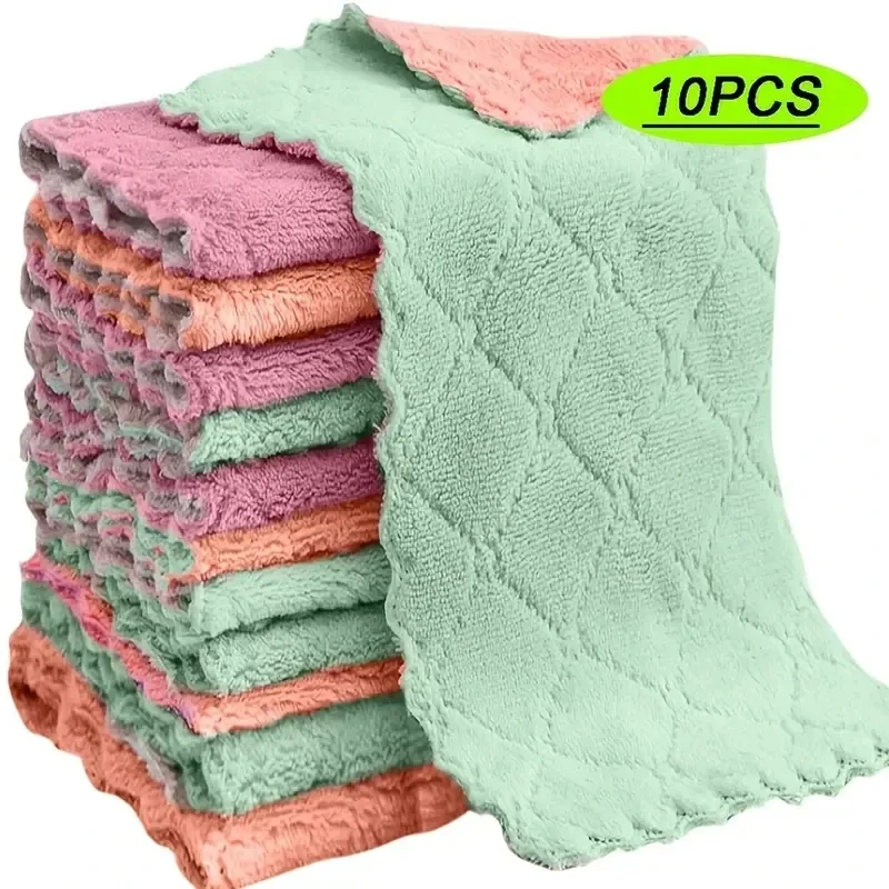 10pcs Thickened Cationic Rag, Coral Fleece Household Absorbent Non-shedding Dishwashing Cloth, Double