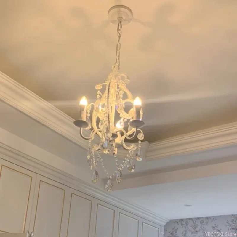 Heart shaped crystal pendant light, white cream style European French style dressing room, bedroom light