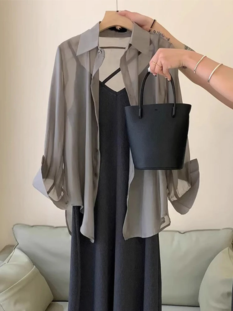 Gray Ice Silk Women's Summer Thin Cardigan Sun Protection Shirt Transparent Cover up Outerwear Loose Fit Long Sleeve Collar
