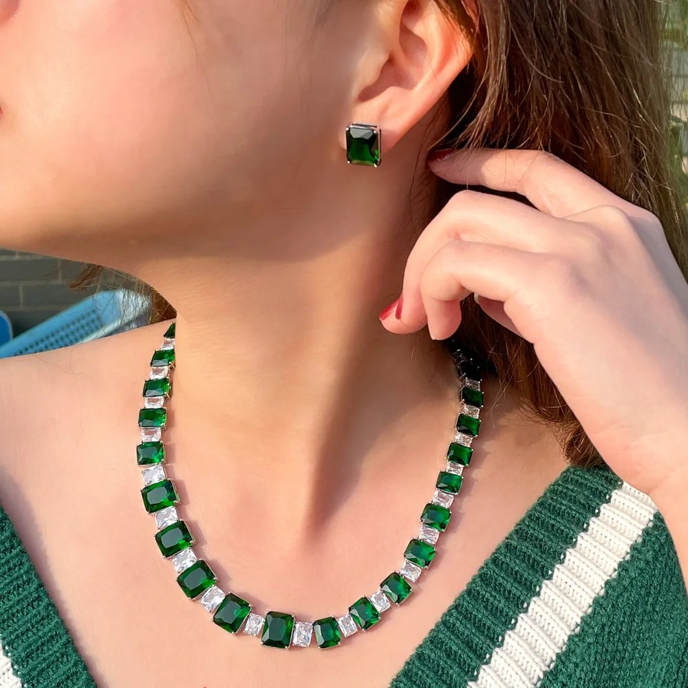 ThreeGraces 2pcs Luxury Square Cubic Zirconia Dark Green Stud Earrings and Necklace Bridal Wedding Jewelry Set for Women TZ993