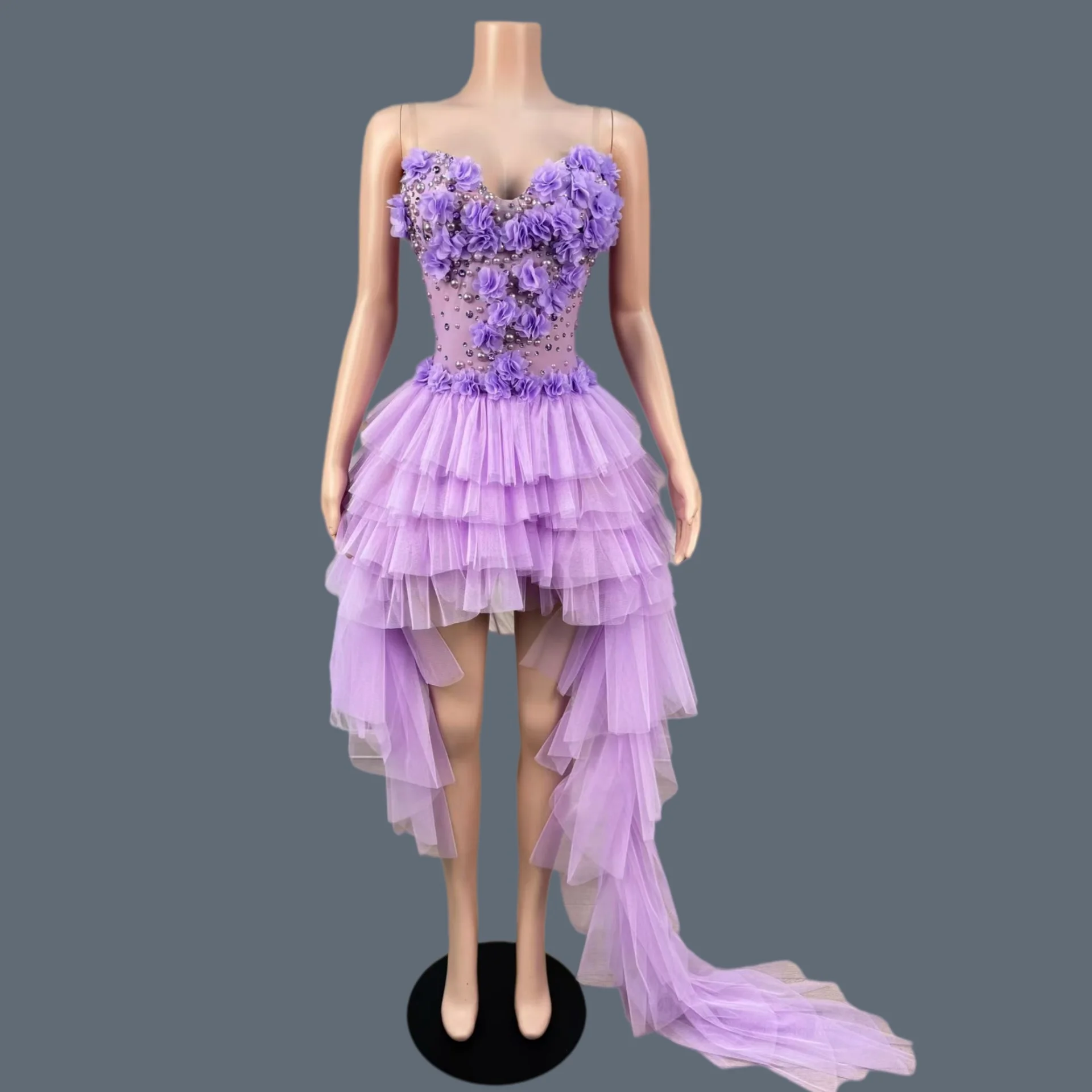 

Sparkly Rhinestone Flower Strapless Long Tail Dress Sexy Mesh Evening Party Celebrate Birthday tutu Dress Stage Outfit Chunxiao
