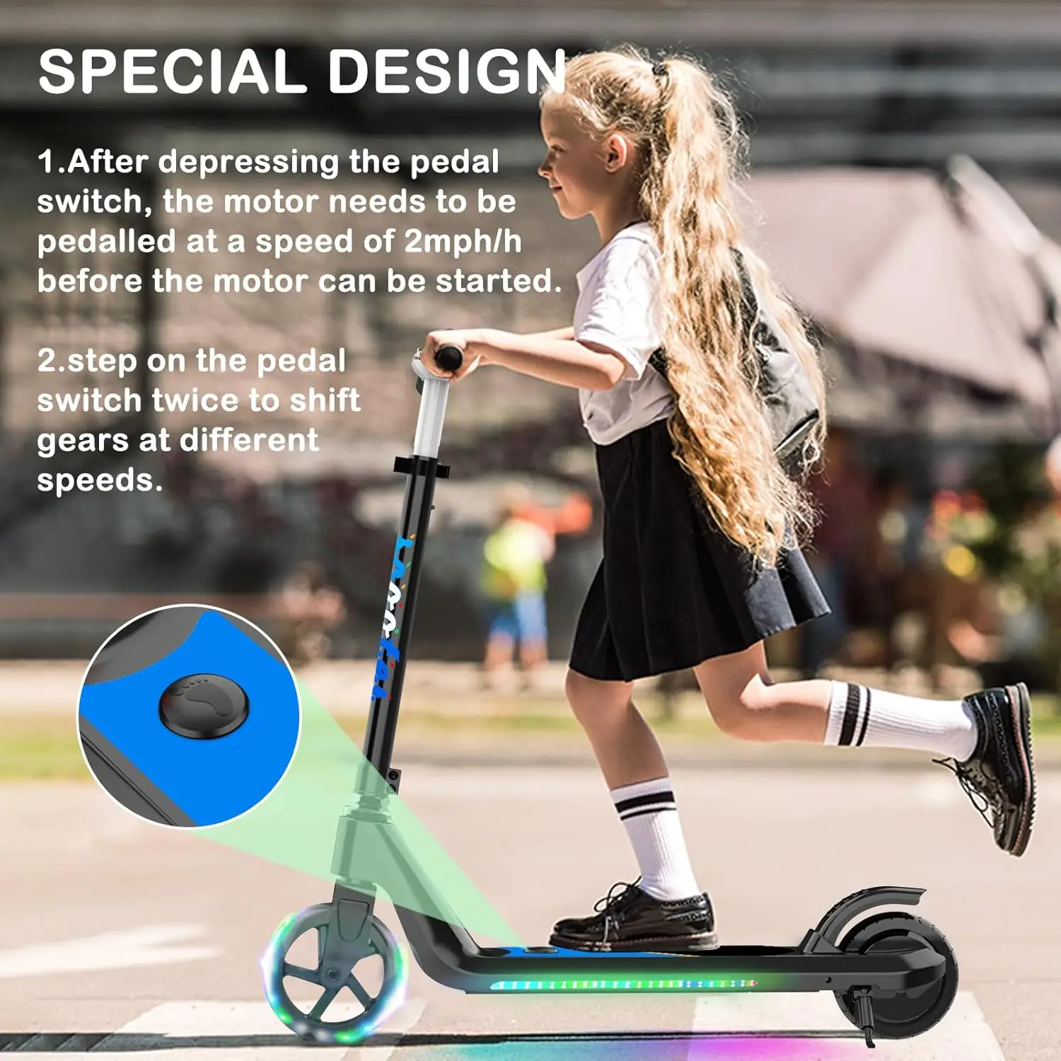 Scooter elettrico per bambini dai 6 ai 10 anni, Kick-Start Boost Scooter per bambini con velocità e altezza regolabili, Scooter per bambini con Flash W