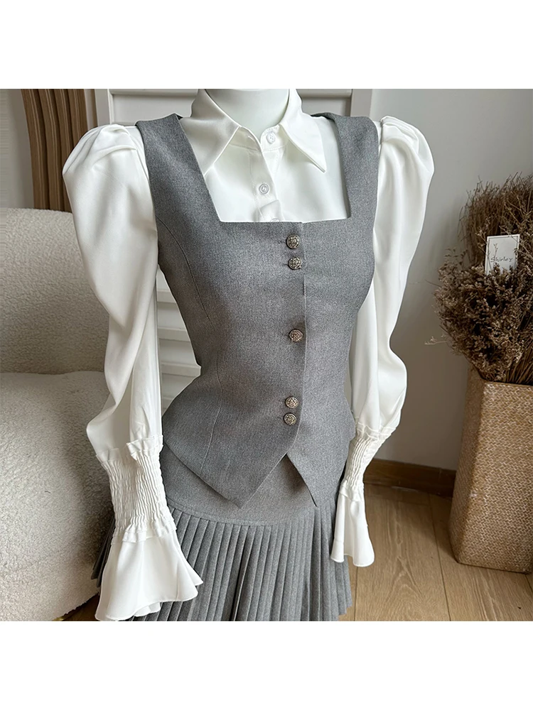 Conjunto de 3 piezas de Kpop para ocasiones formales, blusa con cuello de solapa, falda de cintura alta cruzada a la cadera y chaleco elegante, moda