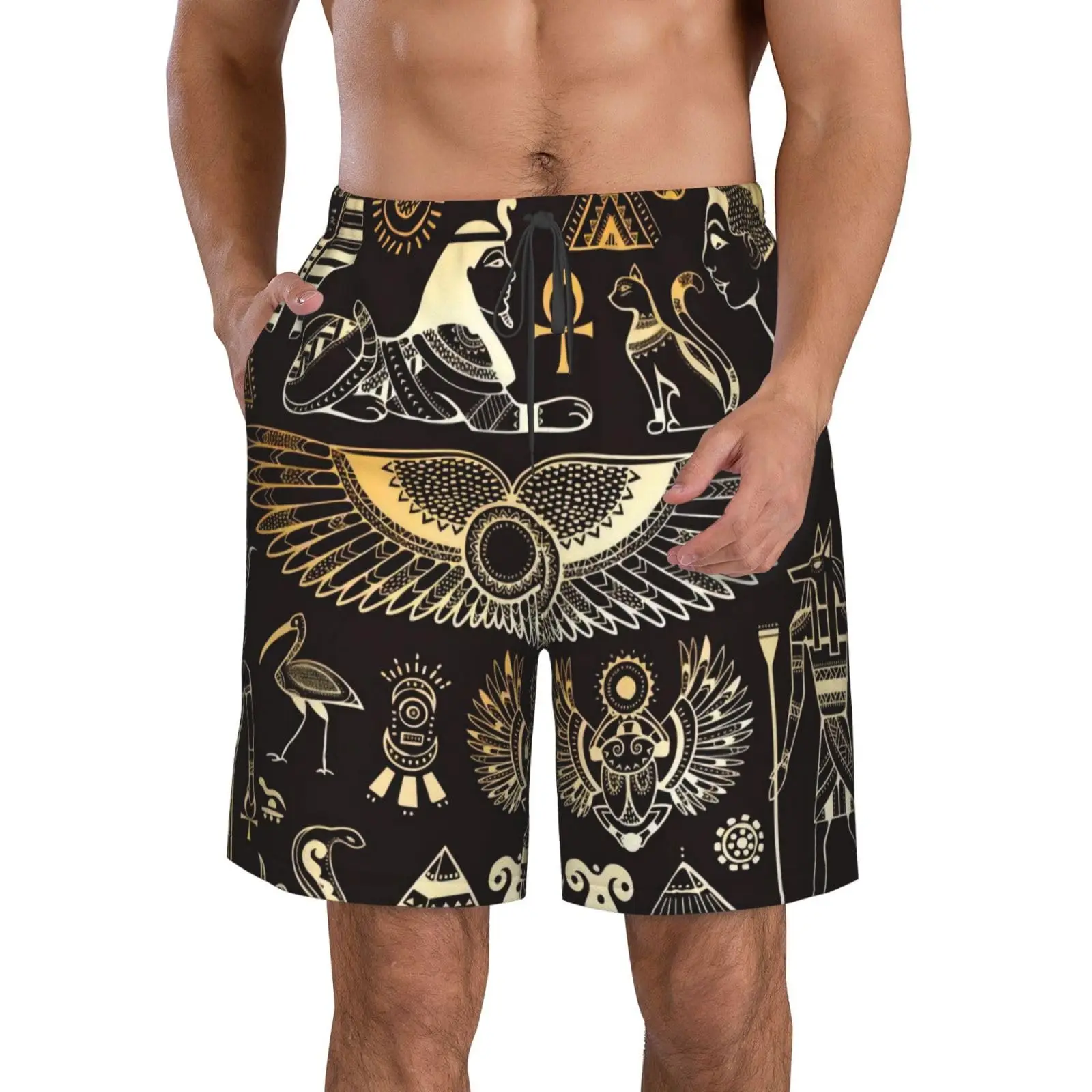 Egyptian Gold Hieroglyphs Symbols 3D Print Beach Shorts Men Women New Surfing Board Sport Pants Swimsuits Trunks Kids Clothing