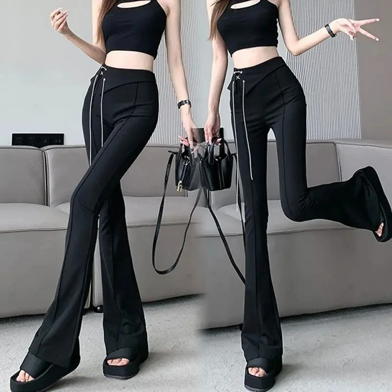 Pantaloni da donna svasati solidi Pantaloni da abito a catena Pantaloni neri lunghi di alta qualità Moda coreana Estetica casual Novità in pantaloni femminili elastici