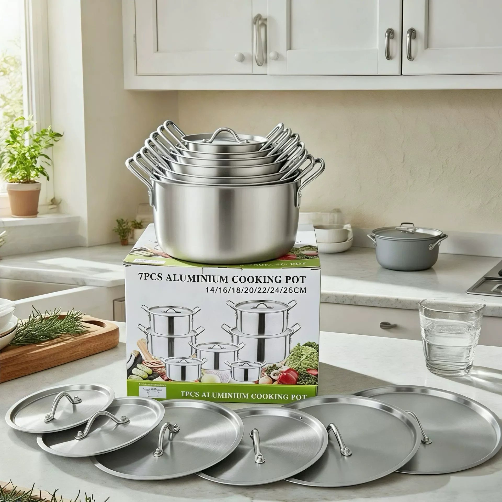 7 Pieces Household Aluminum Cooking Pot Set Non-Stick Easy Clean Kitchen Cookware Kit Multi Size Saucepan Frying Pan