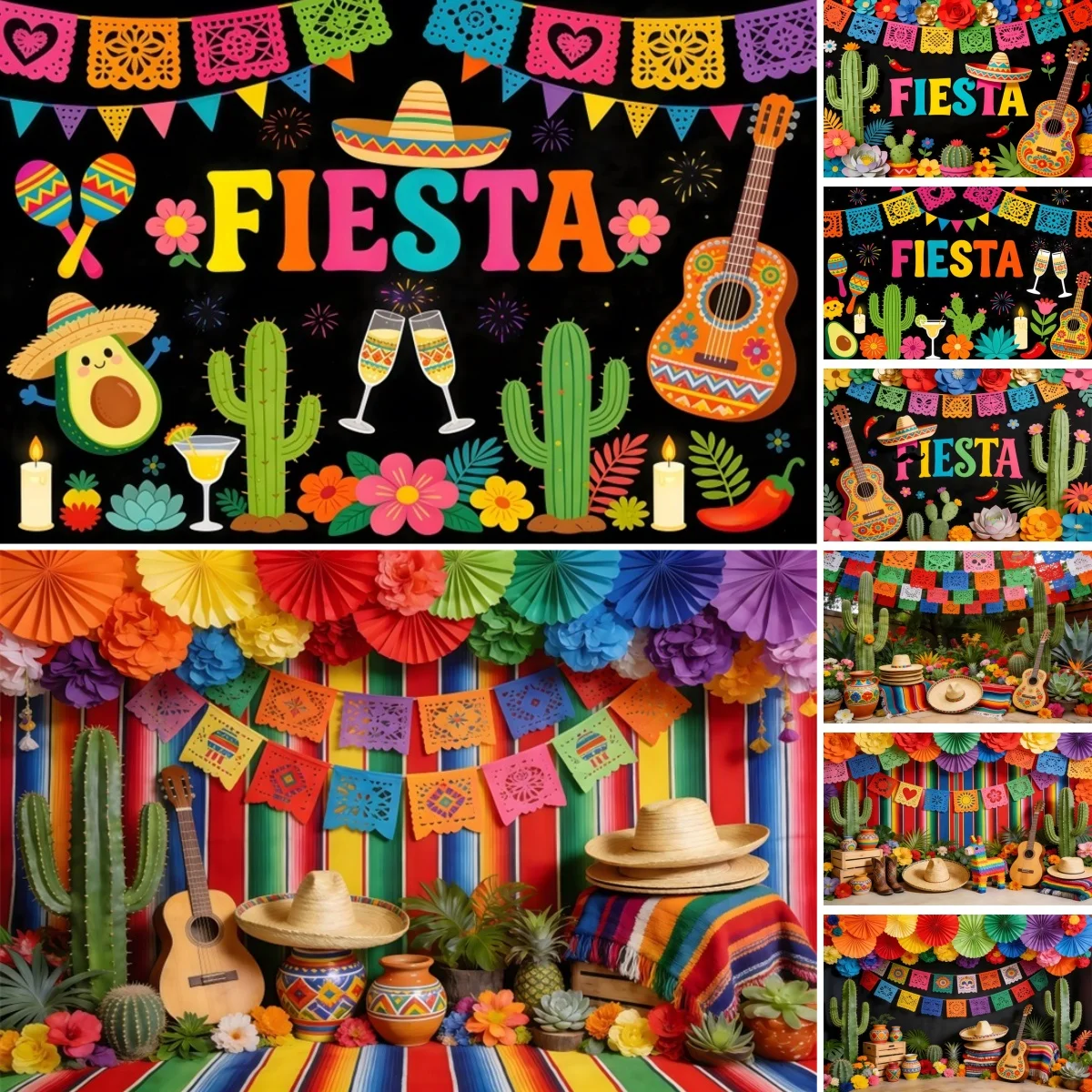 Mexico Fiesta Photography Background Cactus Straw Hat Guitar May 5th Cinco DeMayo Adult Carnival Festival Party Photo Backdrop