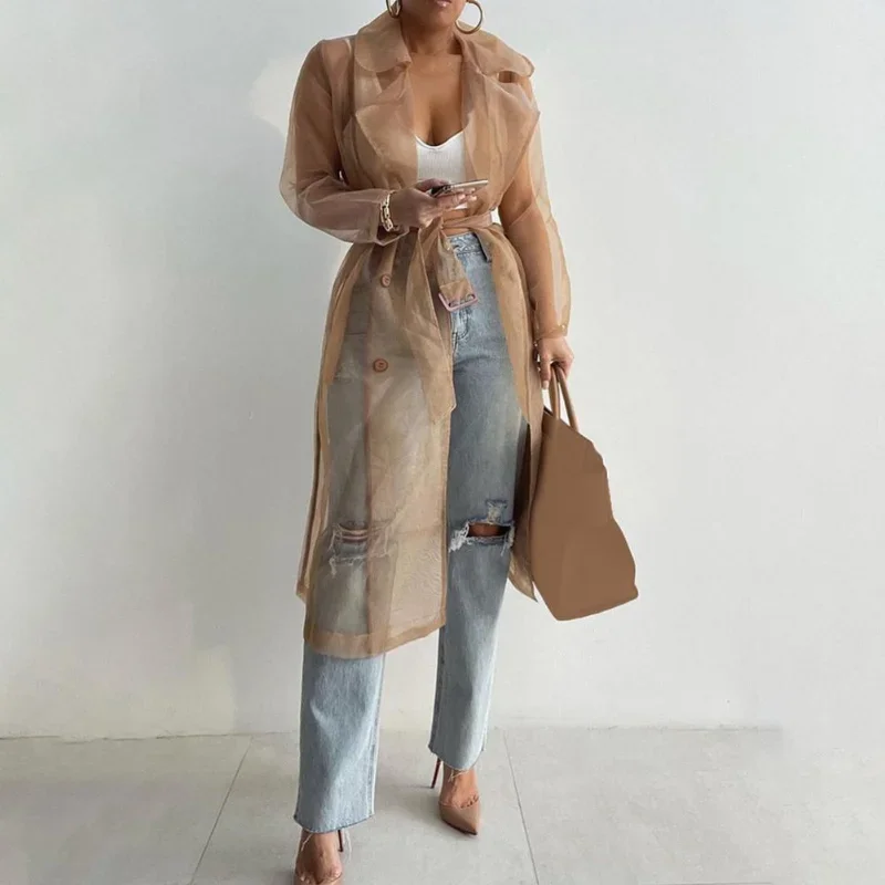 Elegant Shirts Trench Coat for Women Fashion See Through  Lace Up Spring Solid Sheer Mesh Long Sleeve Buttoned Coat with Belt