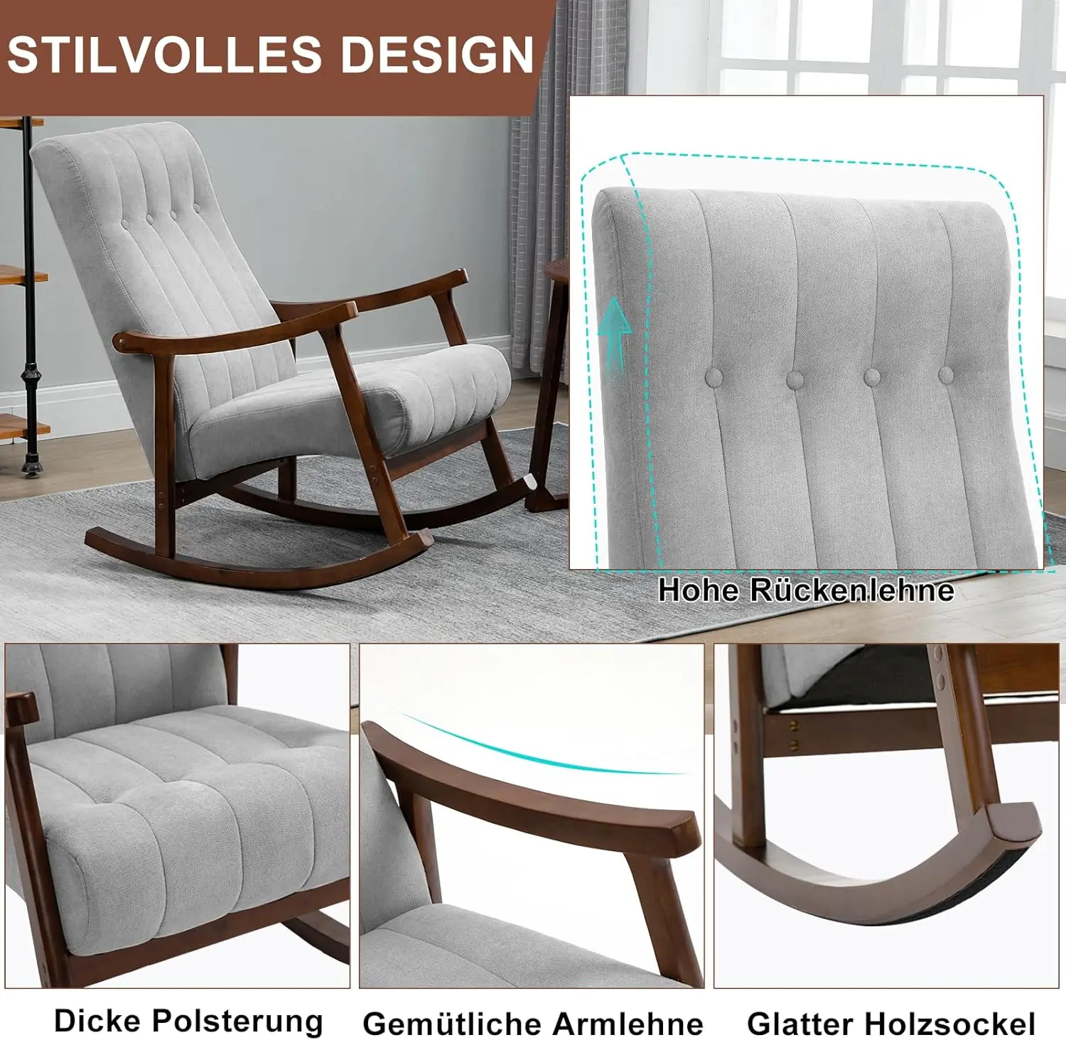 كرسي مع مقعد مبطن بالقماش، خشب متين مريح لغرفة المعيشة، كرسي بذراعين حديث عالي الظهر للبالغين، رمادي فاتح