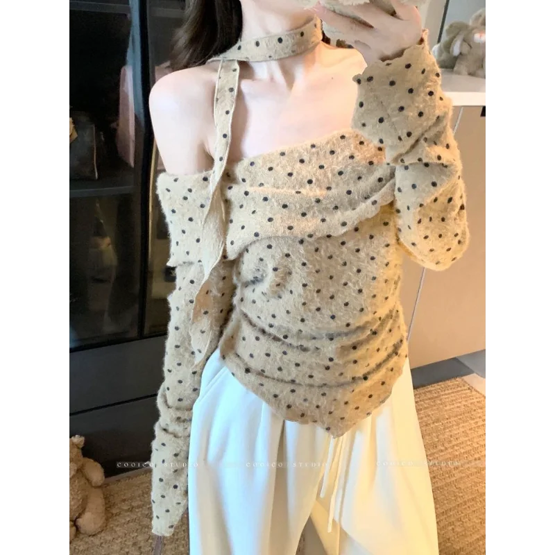 

One-shoulder Long-sleeved Polka-dot Top Autumn Atmosphere Lace-up Waist, Versatile Temperament T-shirt Shirt