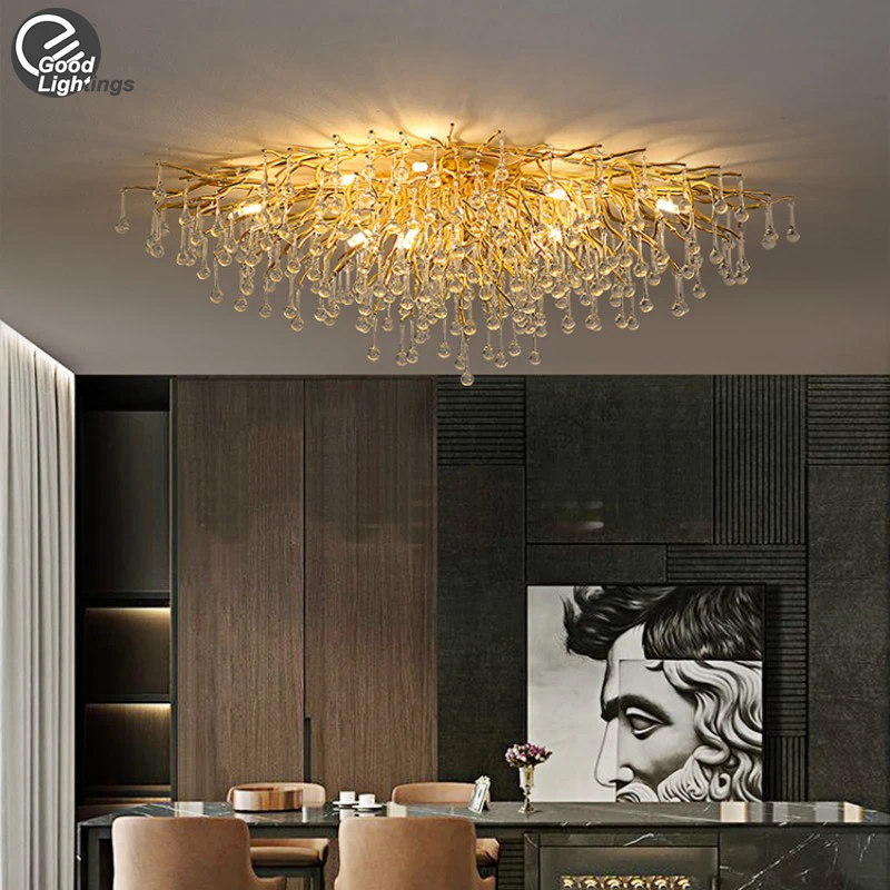 luxo crystal teardrop teto lustre luzes douradas para sala de estar sala de jantar quarto cozinha branch lustres 01