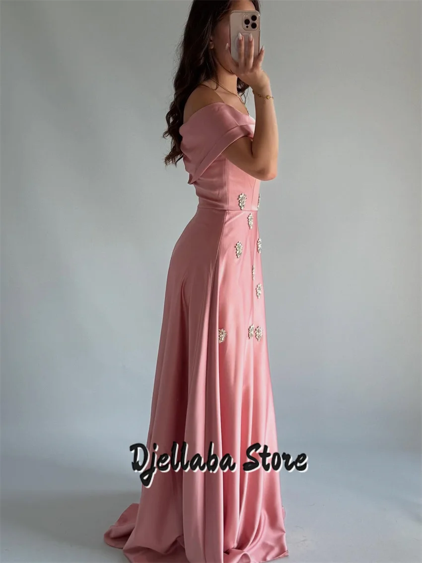Customized Dust Pink Evening Dresses Off The Shoulder Rhinestone Beading A-Line Prom Gown Modern Long Sweep Train Party Dress