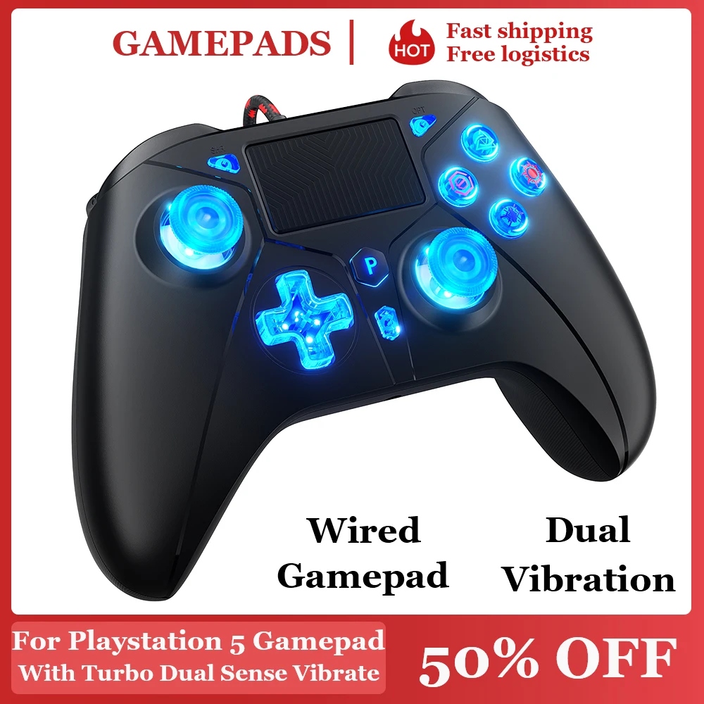 

Проводной контроллер Bonadget для консолей PS5/PS4, совместимый с PS5/ПК, 6-осевой гироскоп, двойная вибрация, RGB-подсветка, геймпады с датчиками Холла.