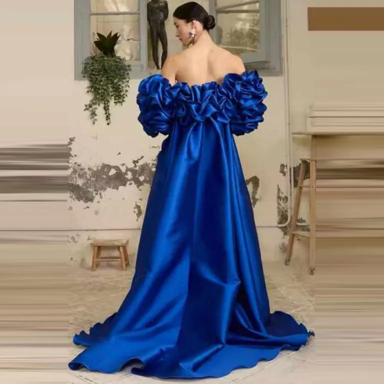 

025 New Off‑Shoulder Satin Coat Women Evening Gown Cape Elegant Royal Blue Party Long‑Length Glamorous Jackets with Puffy Sleev