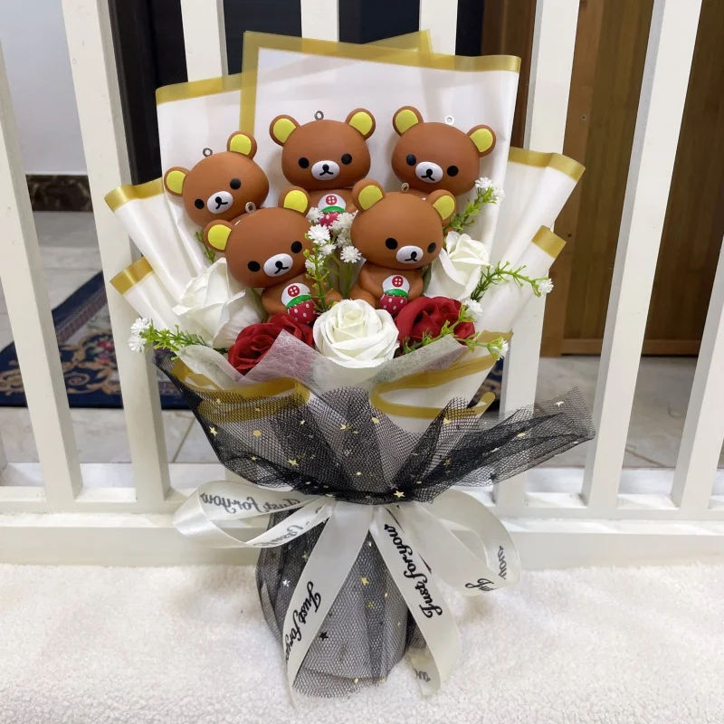 Cartoon Vinyl Doll Stitch Rilakkuma Winnie Action Figures With Artificial Flower Bouquet Christmas Valentine Birthday Gifts