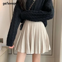 Korean Style Sexy Pleated High Waist Knitted Mini Skirt for Women Autumn Winter Casual Harajuku Y2K Slim Fit Solid Street Skirts