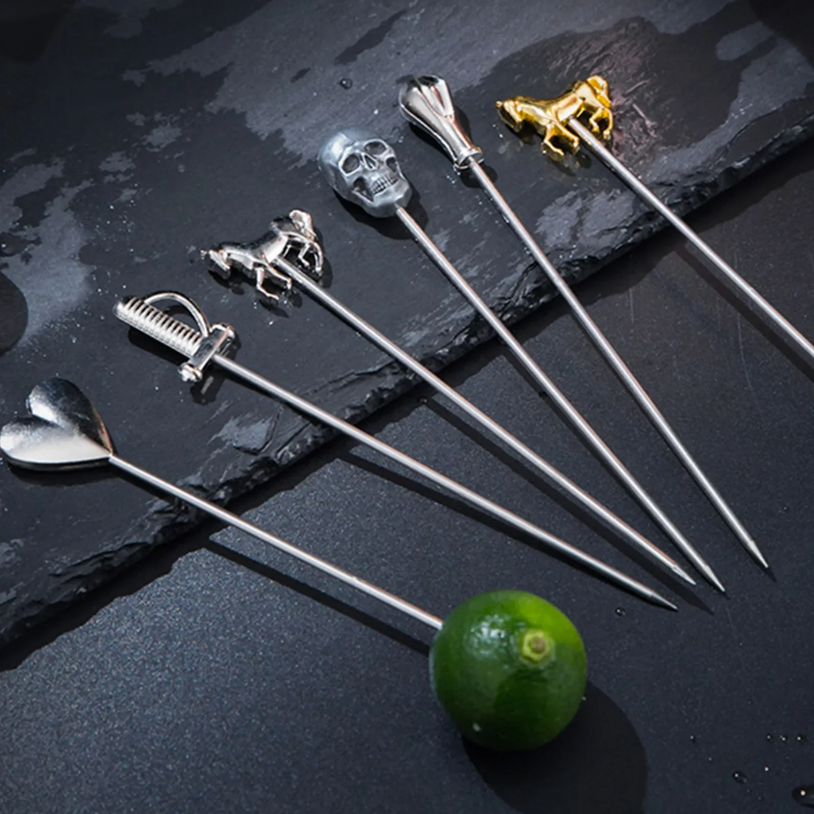 

6PCS Stainless Steel Martini Pick Cocktail Stick Drink Skewers Horse, Sword, Heart, Tear And Skeleton Head Shape Martini Decorat