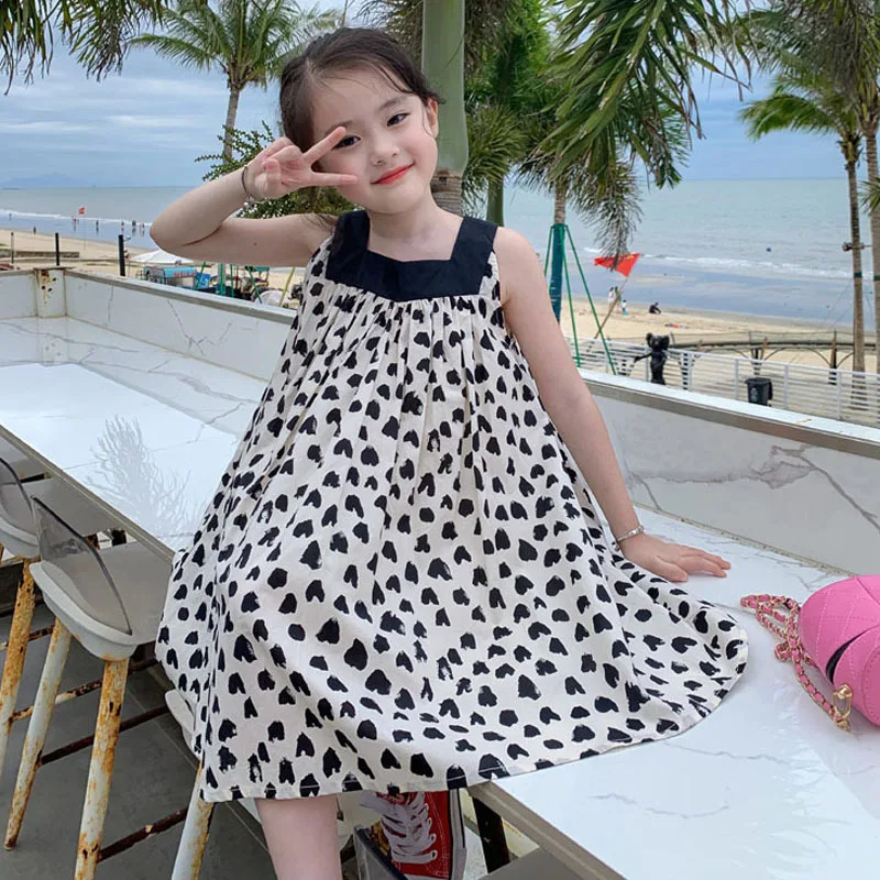 New Summer Girls\' Dresses Love Print Square Neck Princess Dress Casual Tank Top Vest Dress Children\'s Dress Baby Kids Clothing