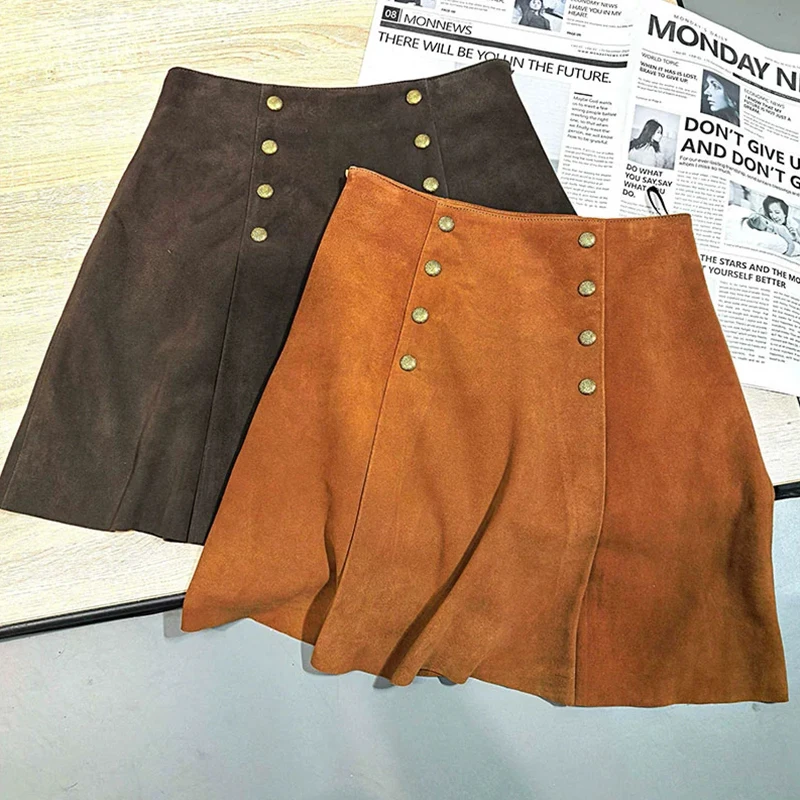 

2026 Spring Sheepskin Suede Mini Skirt Women High-waisted Slim Aline Skirts Retro Coffee Female Real Leather Skirts Streetwear