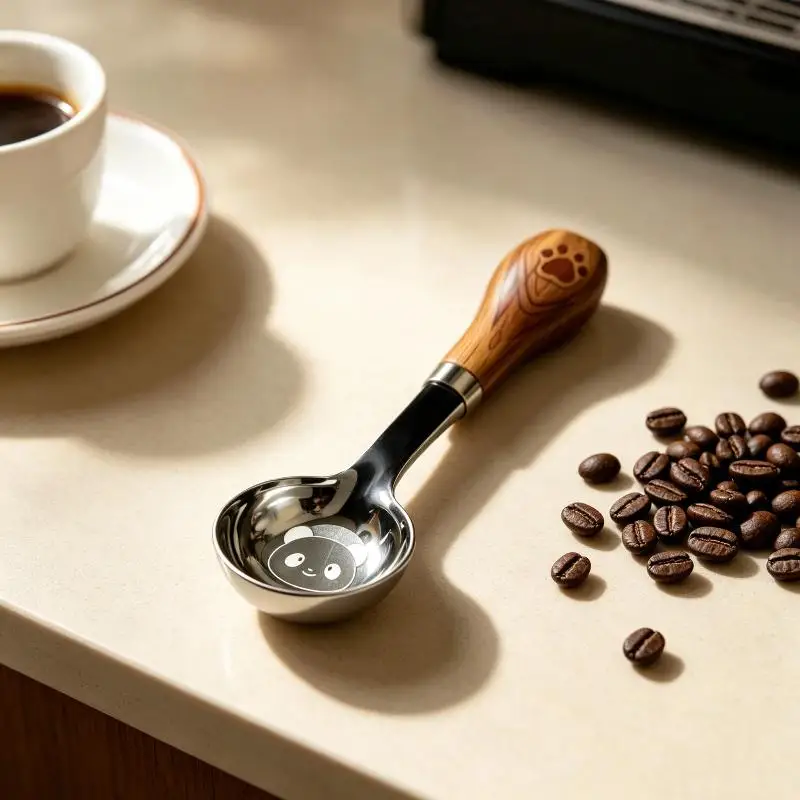 New Stainless Steel Short Handle Soup Spoon Cute Panda Pattern Non Slip Wood Grain Handle For Kids Toddlers Daily Use