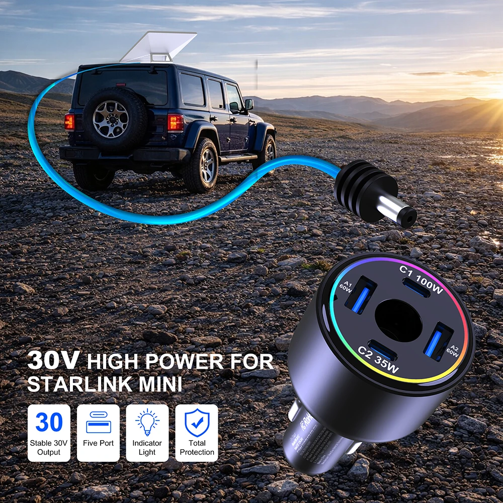 Autoladegerät für Starlink Mini, 255W 5-Port 60W 30V/2A DC-Anschluss & 100W USB-C PD Schnellladung für MacBook Pro iPhone17 Samsung S26 – Detail 7