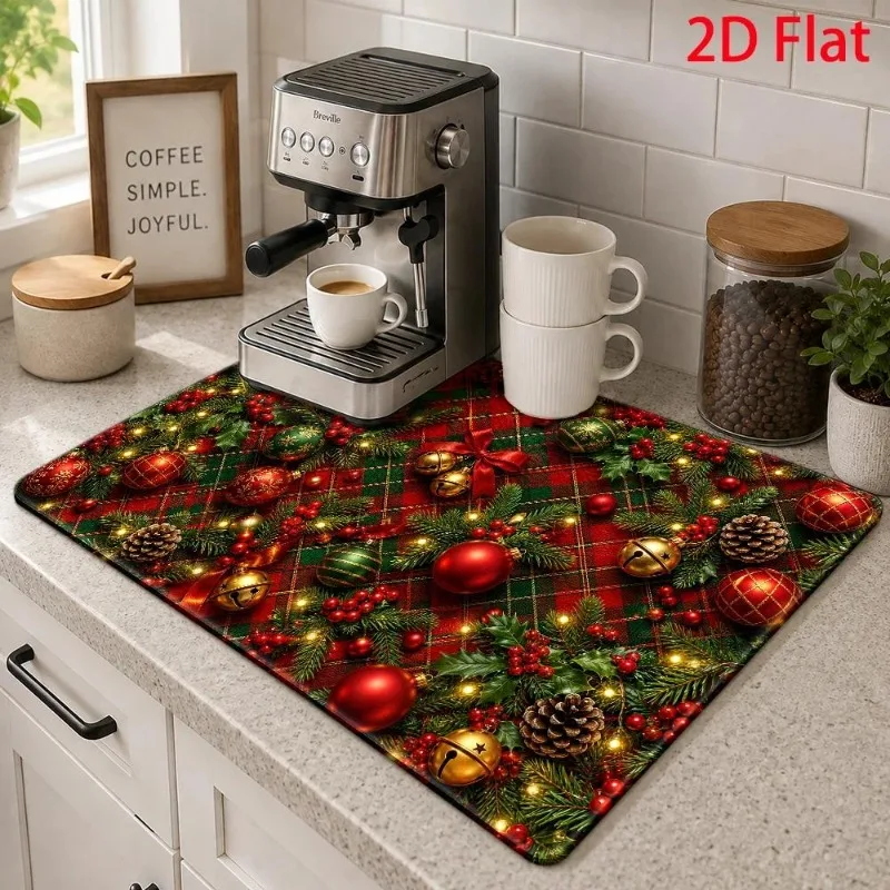 Coffee Bar Mat Holiday Jingle Bells Candy Cane Desk Protection Retro Blue Christmas Xmas Cup Pad