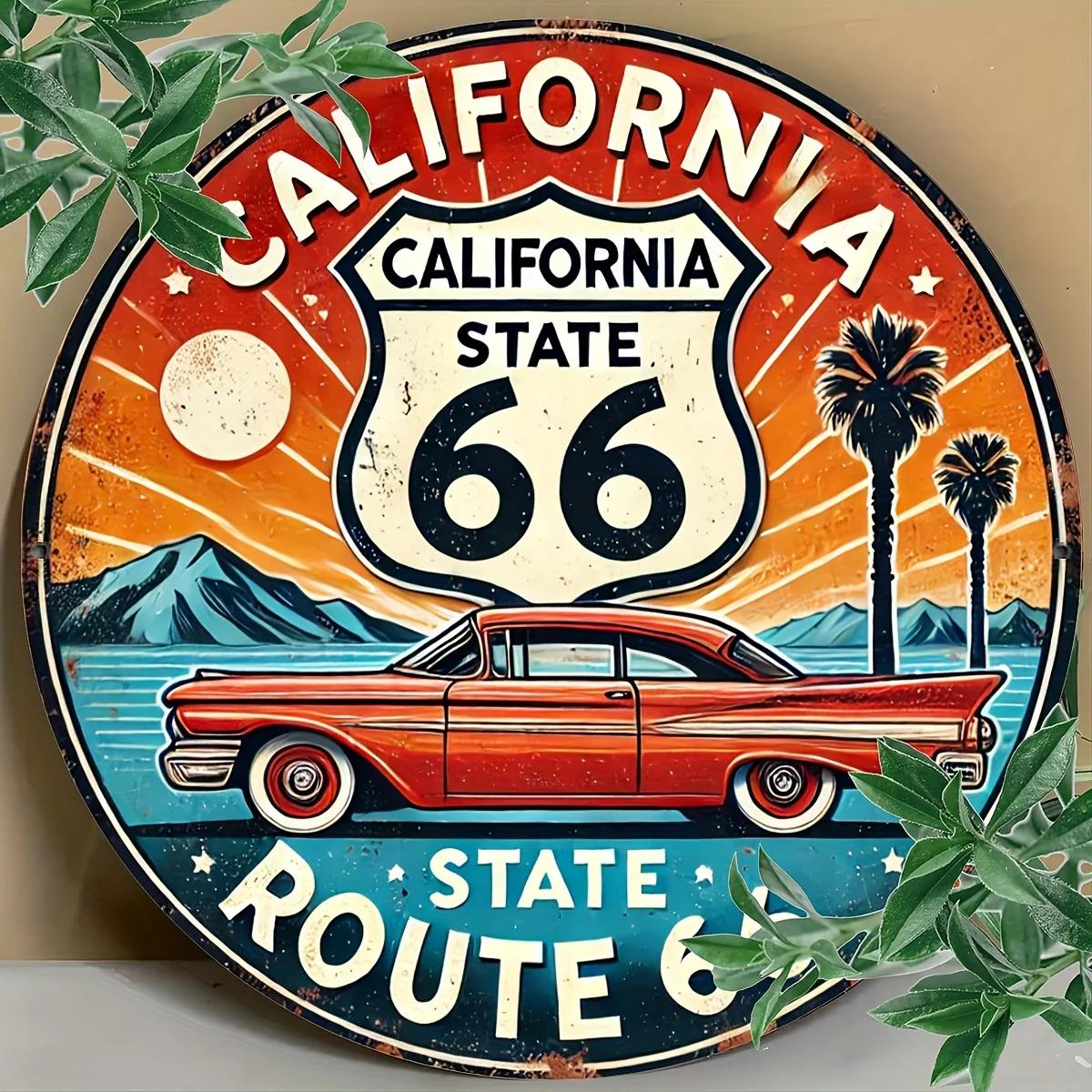 لافتة معدنية مسطحة مطبوعة 2D 7.8X7.8 بوصة (20 × 20 سم) 2D، لافتة معدنية عتيقة طريق كاليفورنيا 66 - لوحة فنية جدارية كلاسيكية مستديرة، مثالية f