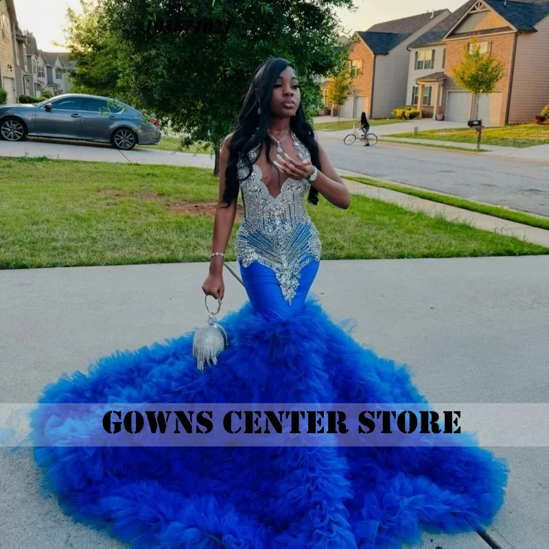 

Customized Royal Blue Mermaid Prom Dress Black Girls Silver Crystal Beaded Ruffles Aso Ebi Evening Party Gown