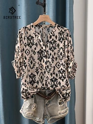 New Summer Cotton Half Sleeve Shirt V Neck Printed Tops Girl Casual Loose French Commute Vintage OL Blouse 2024 Autumn T47196QC