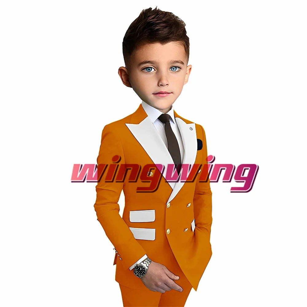 Orange Suit for Boys Wedding Tuxedo Double Breasted Jacket Pants 2 Piece Set Formal Party Dress Kids Fashion Blazer