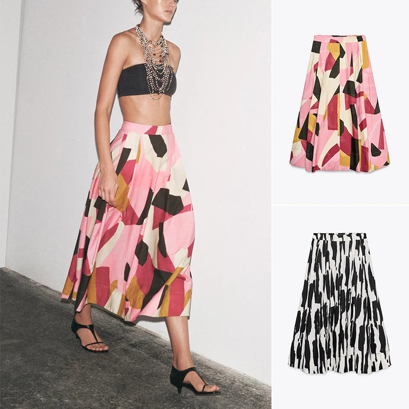 

New Women's Cotton Printed Midi Skirt A-Line High Waist Pleated Decorative Summer Faion Ladies' Premium f-length Skirts