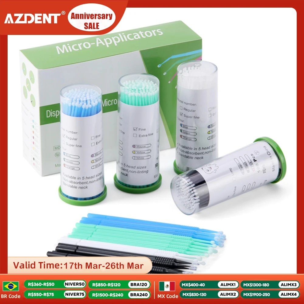 100pcs/Barrel AZDENT Dental Microbrush Disposable Applicator Sticks Tips Micro Brush Cleaning Tool 1.2/1.5/2.0/2.5mm 4 Sizes