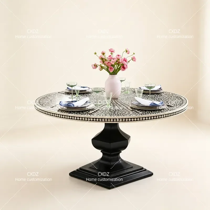 American Country Round Dining Table French Retro Hand Painted Cream Style Simple Solid Wood Furniture for Home
