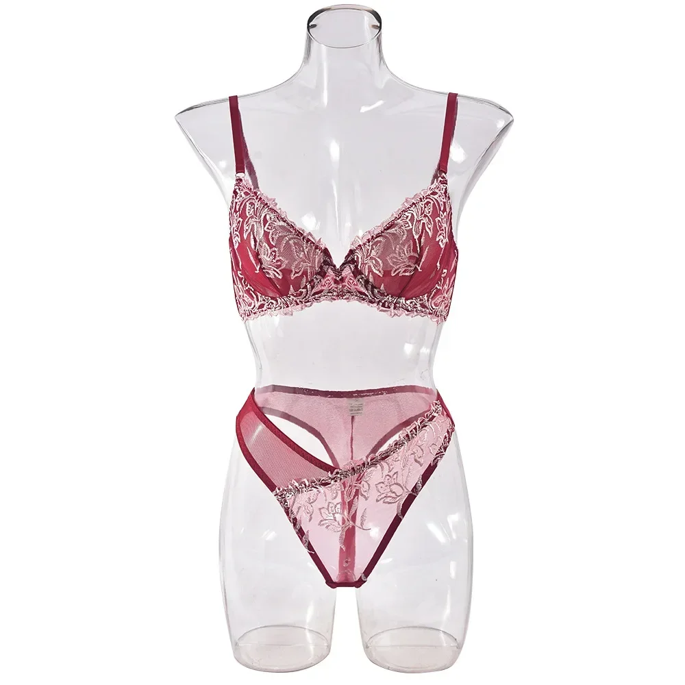 2024 Vrouwen Sexy Kant Exotische Set Mesh Bloemenprint Bh Set Doorzichtige String Lingerie Set Feest Dames Ondergoed