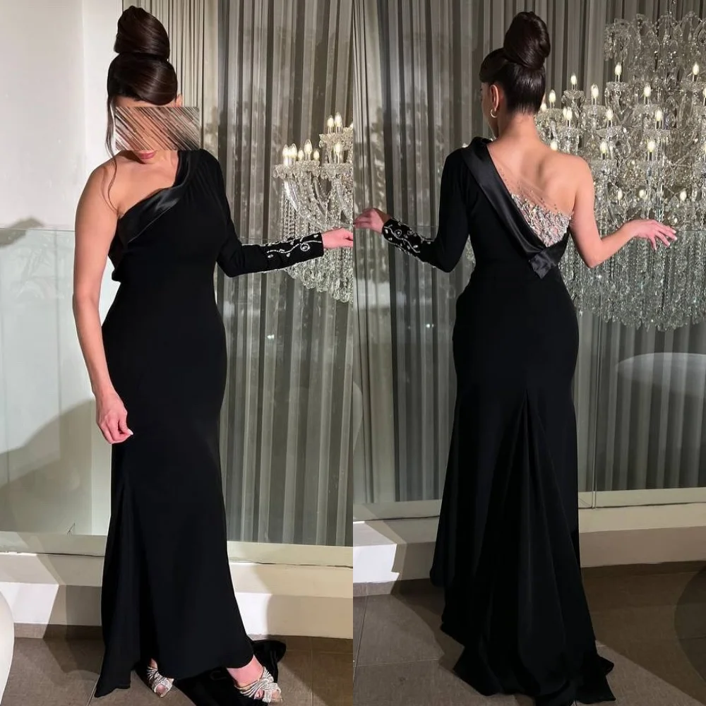 

Customized Sexy Exquisite Jersey Beading Sequined Straight One-shoulder Long Dresses Bespoke Occasion Dresses Elegant Fashion