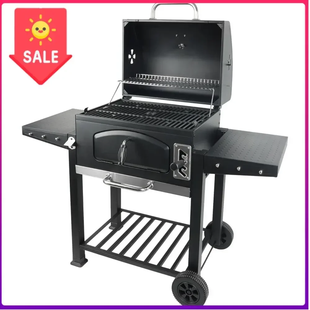 

Bestseller24-Inch Charcoal BBQ Grill with Side Tables and Built-In Temperature Gauge in Black
