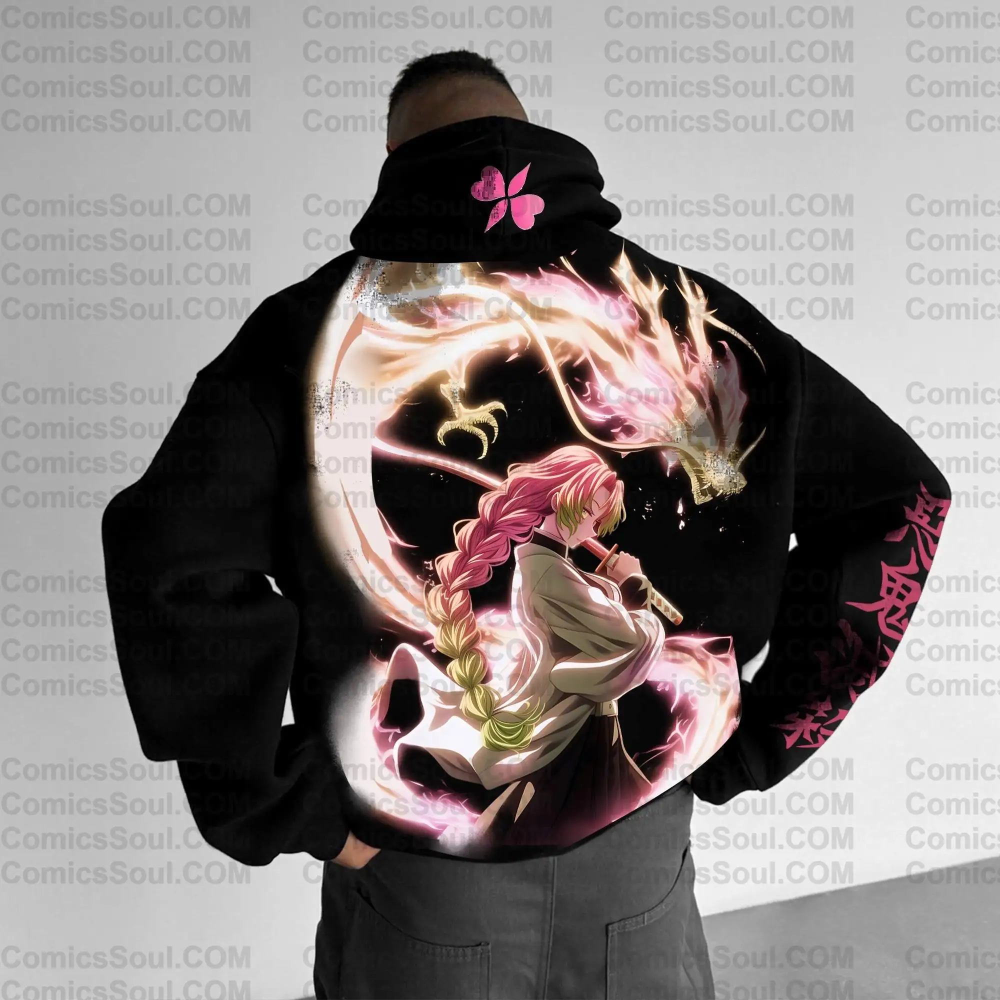 Zwarte Demon Slayer hoodieset met rozeharig karakter en Dragon Back Print Gloeiend mouwpatroon Kimetsu No Yaiba tweedelig