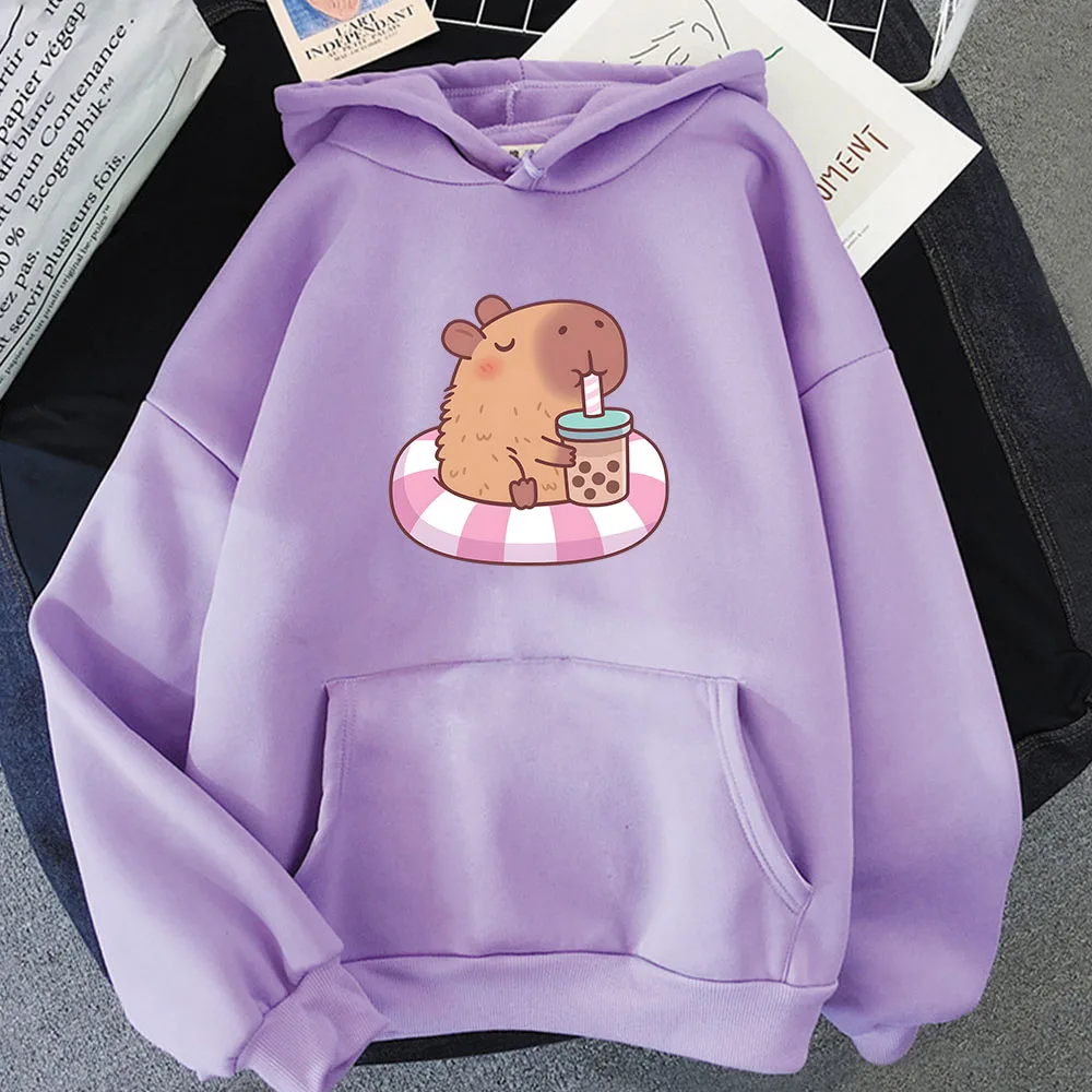 Casual Capybara Loves Drinking Bubble Tea Hoodies Cartoon Women Kawaii Graphic Sweatshirts Winter Streetwear Pullovers Pocket