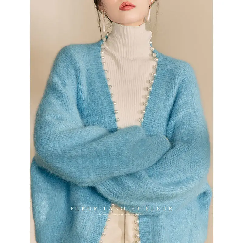 

Korea High Quality Sweet Lantern Sleeve Cashmere Sweater Knitted Cardigan Beads New Causal Knitwear Open Stitch