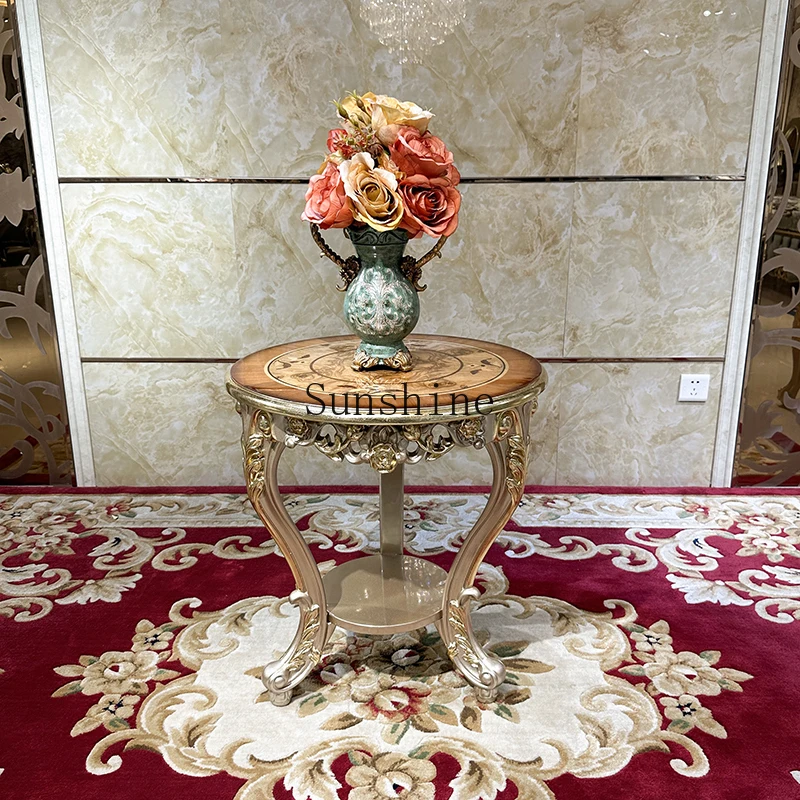

French small round coffee table, luxury solid wood living room carved living room furniture is simple